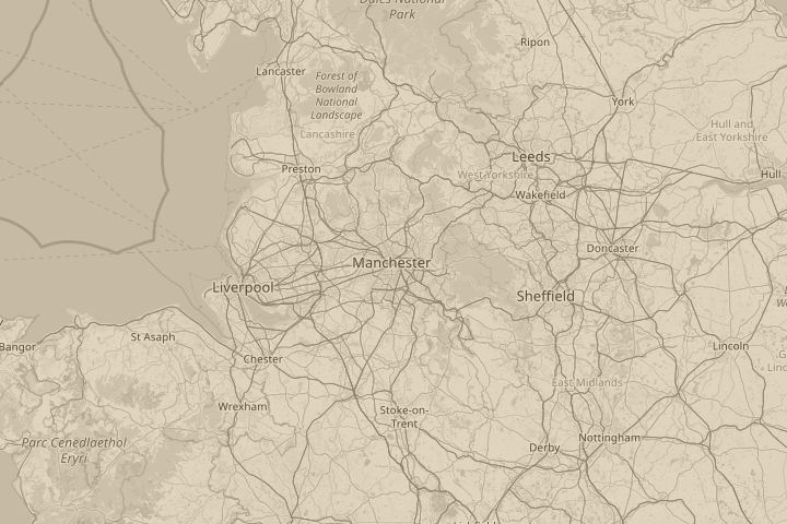 Map of the area around Manchester (UK), centred on the reported position