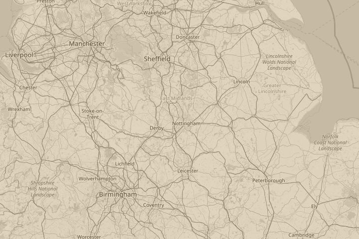 Map of the area around nottingham, centred on the reported position