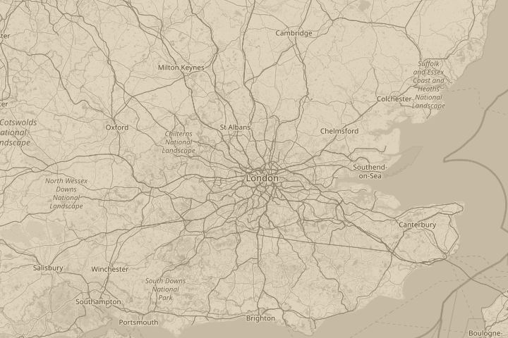 Map of the area around London, centred on the reported position