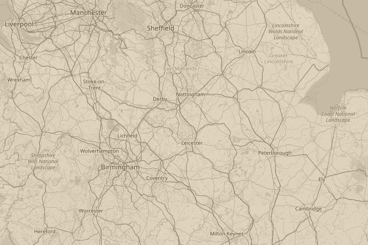 Map of the area around Loughborough, Leics, UK, centred on the reported position