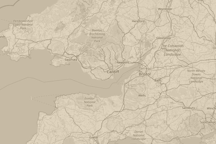 Map of the area around Cardiff, South Wales, centred on the reported position