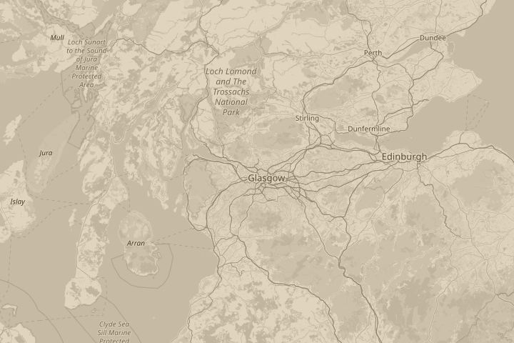 Map of the area around Glasgow Scotland, centred on the reported position