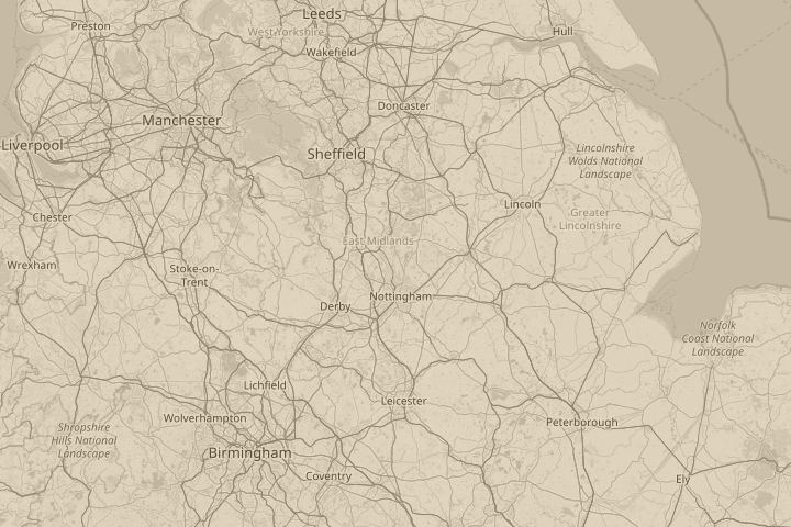 Map of the area around Nottingham, centred on the reported position