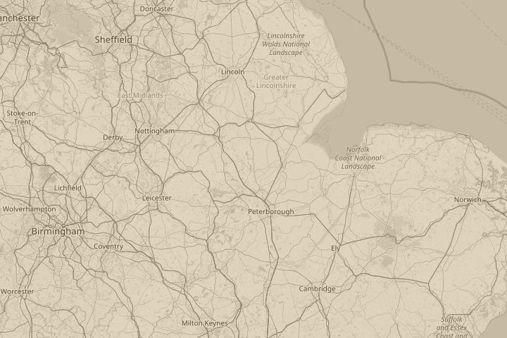 Map of the area around Bourne, Lincolnshire, UK, centred on the reported position