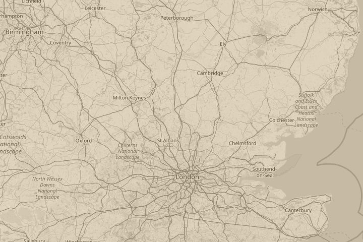 Map of the area around Stevenage, England, centred on the reported position