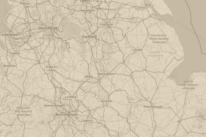 Map of the area around hucknall, nottingham, uk, centred on the reported position