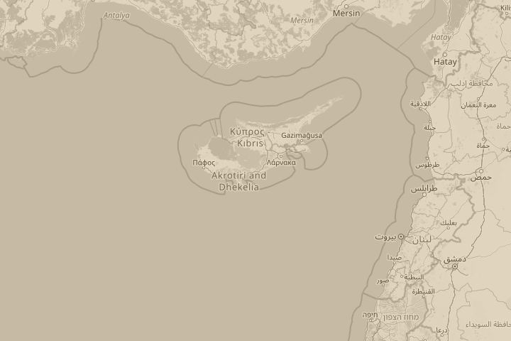 Map of the area around Cyprus, centred on the reported position