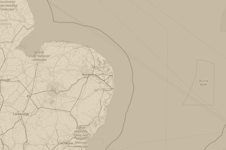Map of the area around Great Yarmouth, Norfolk, UK, centred on the reported position