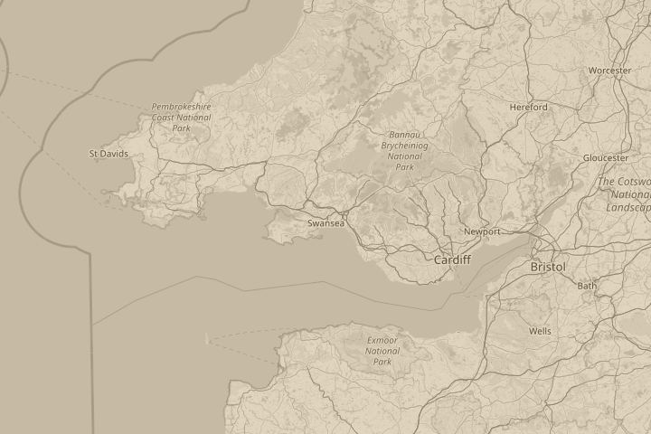 Map of the area around Swansea, South Wales, centred on the reported position