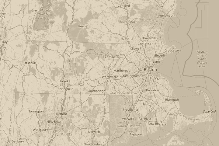 Map of the area around Worcester, Massachusetts, USA, centred on the reported position