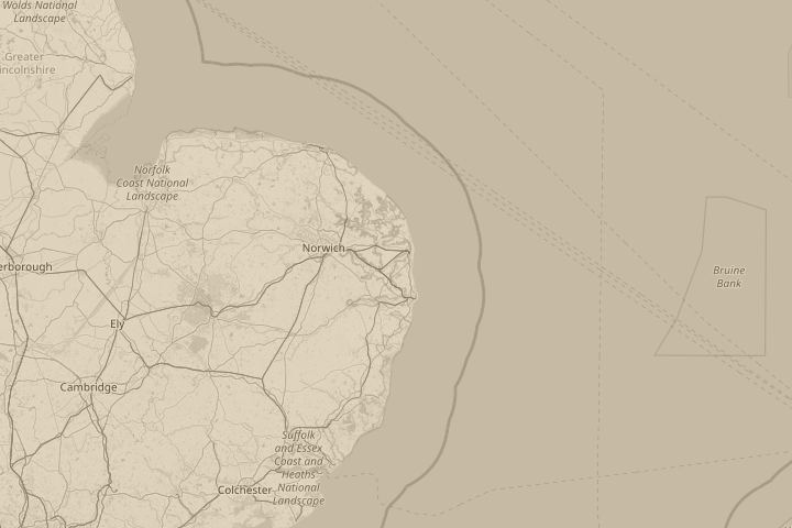 Map of the area around norfolk/england, centred on the reported position