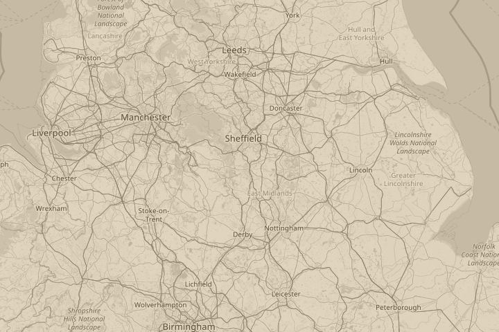 Map of the area around Moving North towards Sheffield, centred on the reported position