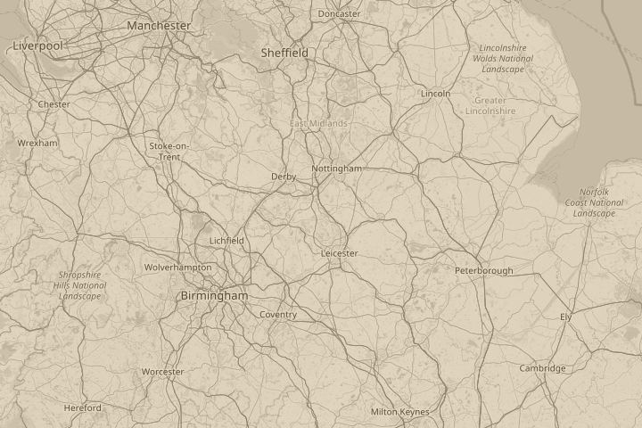 Map of the area around Loughborough, UK, centred on the reported position