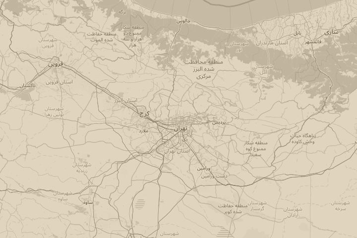 Map of the area around Tehran, centred on the reported position
