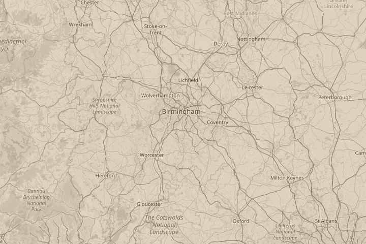 Map of the area around Birmingham, centred on the reported position