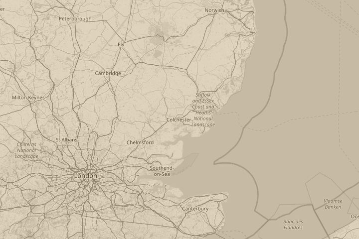 Map of the area around Colchester, outside our flat, centred on the reported position