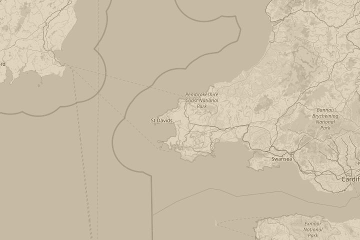 Map of the area around Pembrokeshire, Wales, centred on the reported position