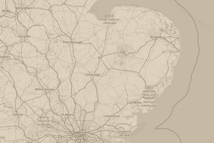 Map of the area around Newmarket, Suffolk, UK, centred on the reported position