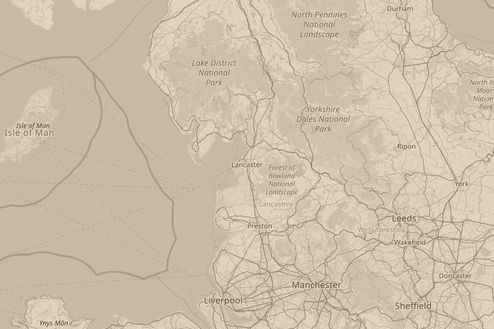 Map of the area around Lancaster, Lancashire, UK, centred on the reported position