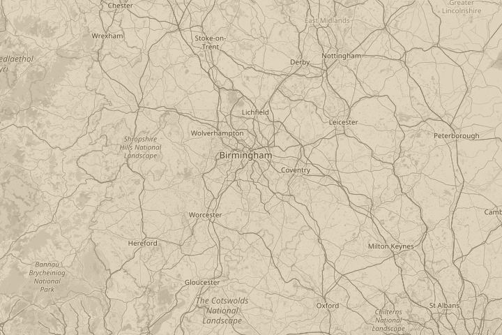 Map of the area around Birmingham, England, centred on the reported position