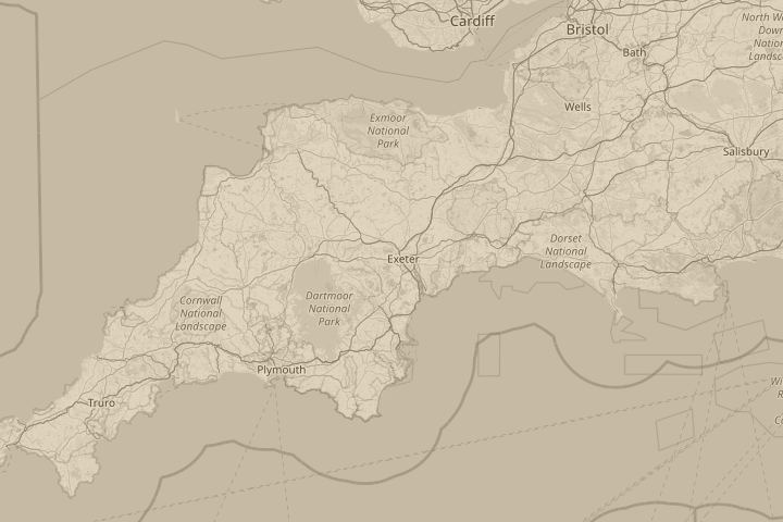 Map of the area around England, Devon, Exeter, centred on the reported position