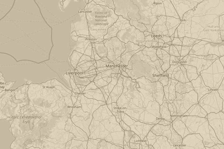 Map of the area around Manchester, UK, centred on the reported position