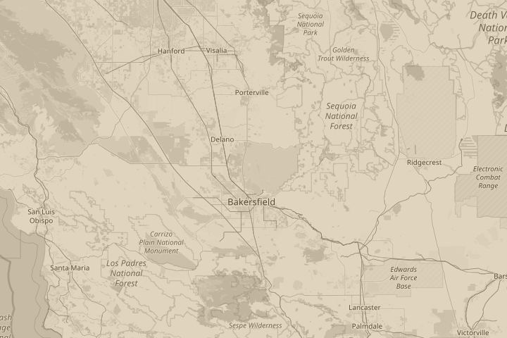 Map of the area around Bakersfield, CA, centred on the reported position