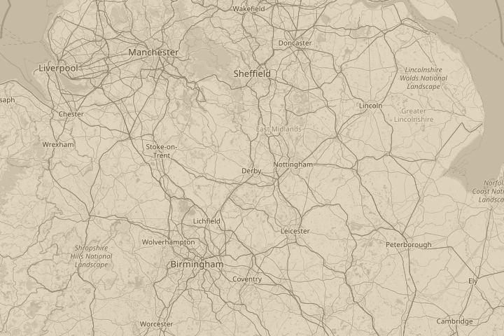 Map of the area around Derbyshire UK, centred on the reported position