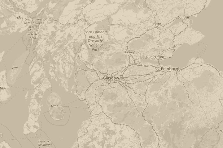 Map of the area around Glasgow, Scotland, centred on the reported position