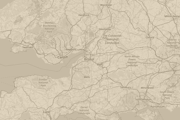 Map of the area around Bristol.UK., centred on the reported position
