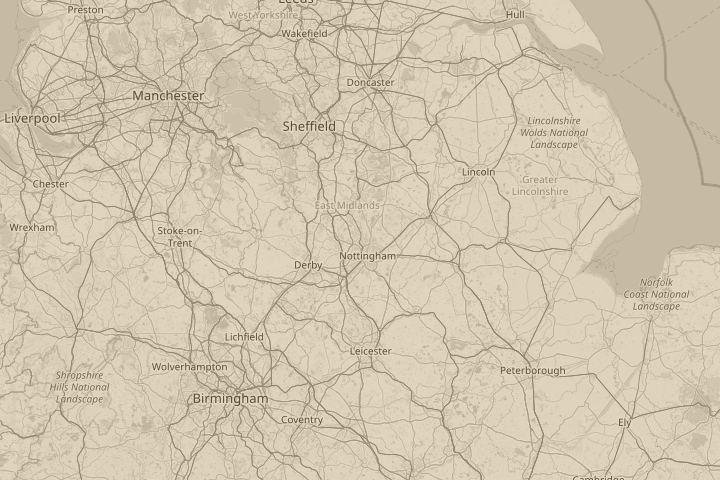 Map of the area around in the sky over nottingham, centred on the reported position