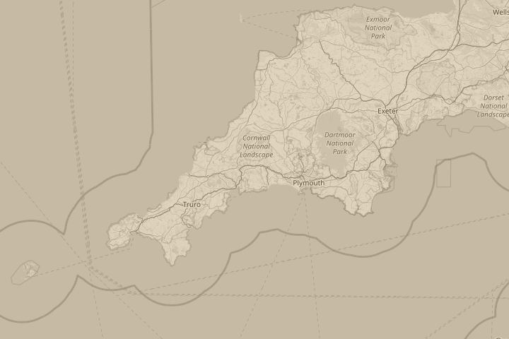 Map of the area around Cornwall, centred on the reported position