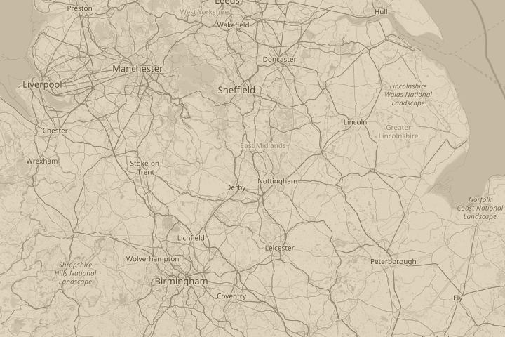 Map of the area around Derbyshire, centred on the reported position