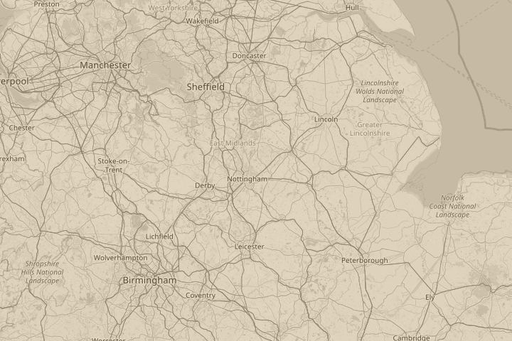 Map of the area around Nottingham, England, centred on the reported position