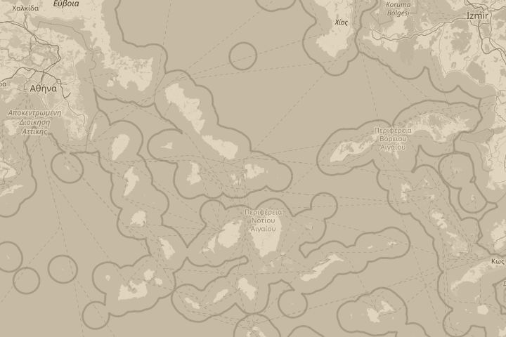 Map of the area around Mykanos Greece, centred on the reported position