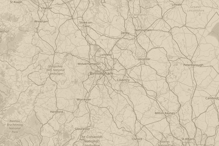 Map of the area around Birmingham England, centred on the reported position