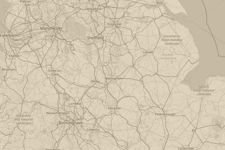Map of the area around Over Basford Nottingham, centred on the reported position