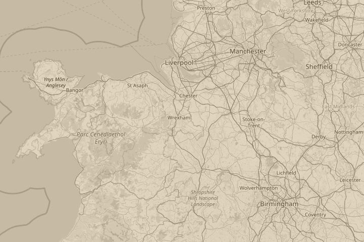 Map of the area around Wrexham south over Marchwel, centred on the reported position
