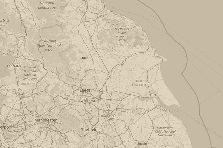 Map of the area around York, England, centred on the reported position
