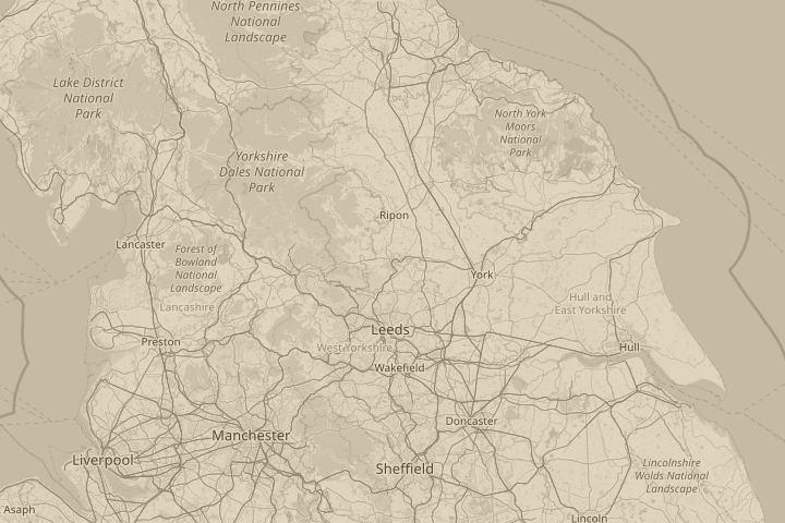 Map of the area around Harrogate, North Yorkshire, UK, centred on the reported position