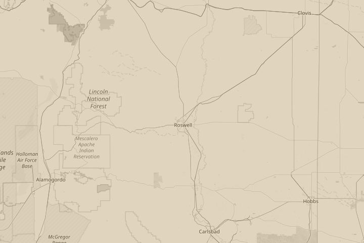 Map of the area around Roswell, NM, with the reported position circled