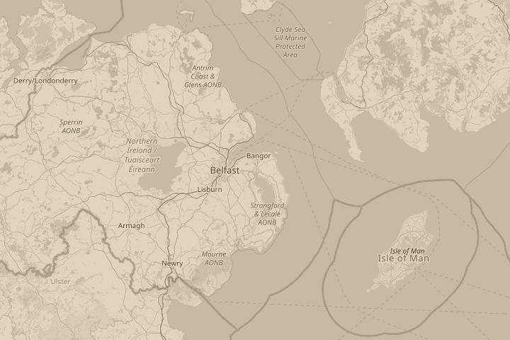 Map of the area around Northern Ireland, centred on the reported position