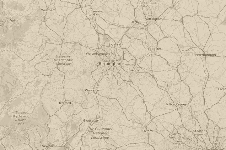 Map of the area around above Birmingham UK, centred on the reported position