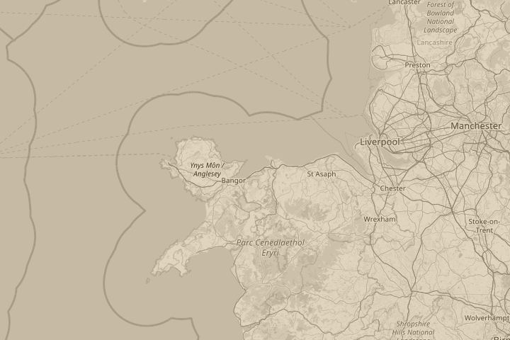 Map of the area around over the sea, centred on the reported position