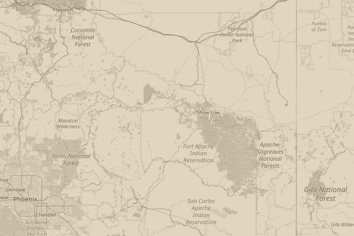 Map of the area around Lakeside, AZ, centred on the reported position