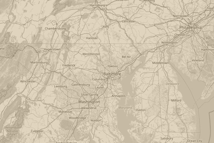 Map of the area around Baltimore, Md, with the reported position circled